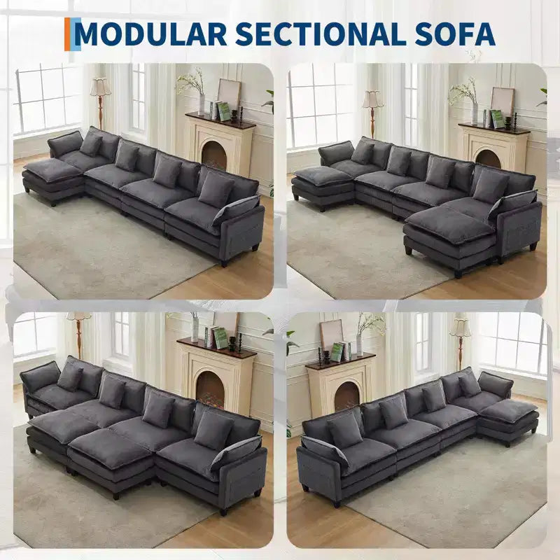 GustoWave 146 Fabric U-Shape 4 Seater Modular Sectional Couch, Oversized Cloud Sectional Sofa with Ottoman & Throw Pillows, Deep Seat