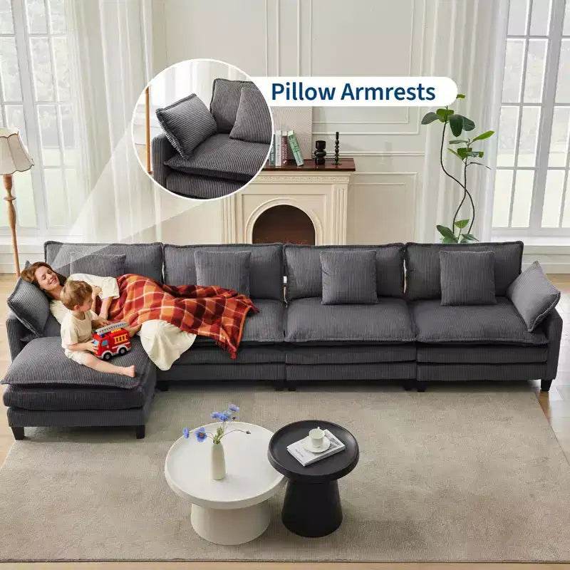 GustoWave 146 Fabric U-Shape 4 Seater Modular Sectional Couch, Oversized Cloud Sectional Sofa with Ottoman & Throw Pillows, Deep Seat