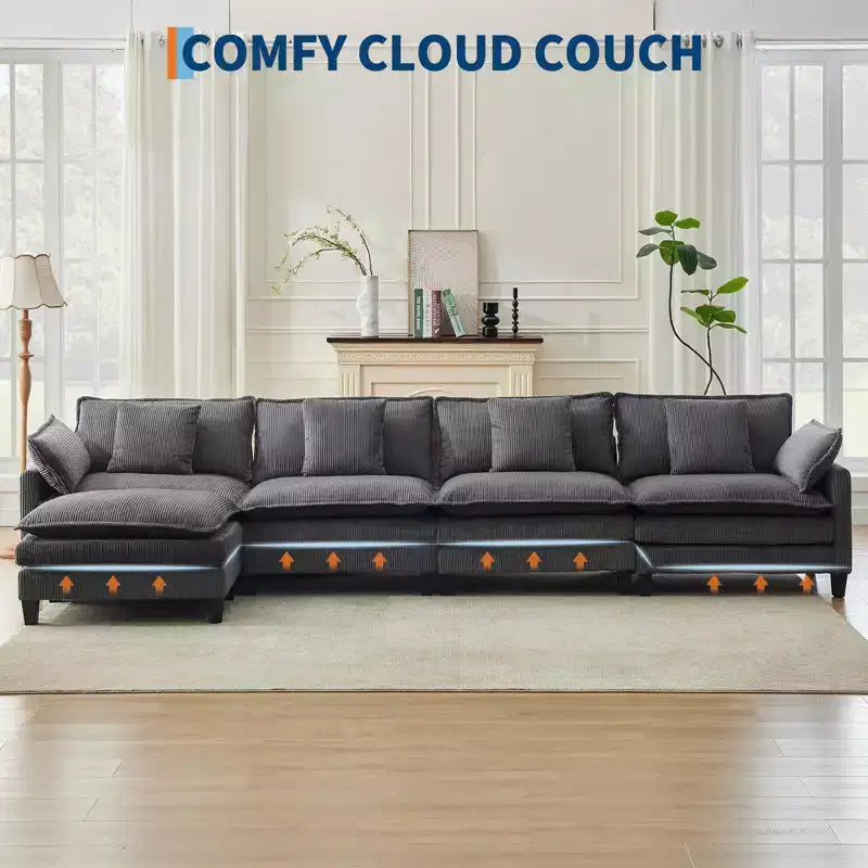 GustoWave 146 Fabric U-Shape 4 Seater Modular Sectional Couch, Oversized Cloud Sectional Sofa with Ottoman & Throw Pillows, Deep Seat