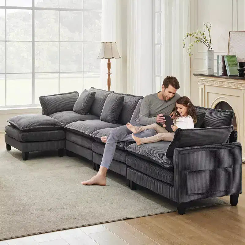 GustoWave 146 Fabric U-Shape 4 Seater Modular Sectional Couch, Oversized Cloud Sectional Sofa with Ottoman & Throw Pillows, Deep Seat