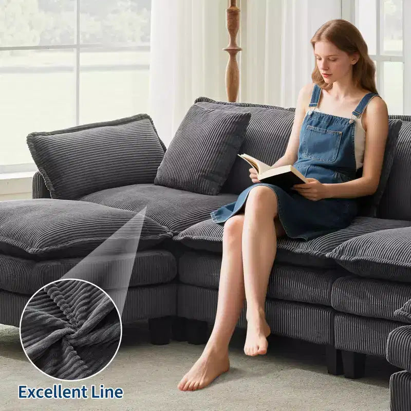 GustoWave 146 Fabric U-Shape 4 Seater Modular Sectional Couch, Oversized Cloud Sectional Sofa with Ottoman & Throw Pillows, Deep Seat