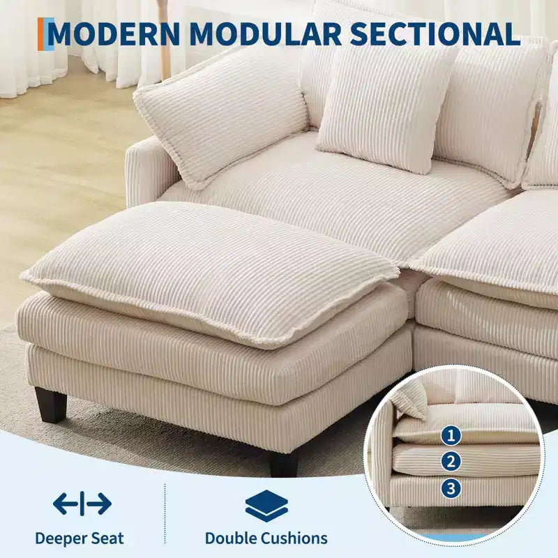 GustoWave 146 Fabric U-Shape 4 Seater Modular Sectional Couch, Oversized Cloud Sectional Sofa with Ottoman & Throw Pillows, Deep Seat