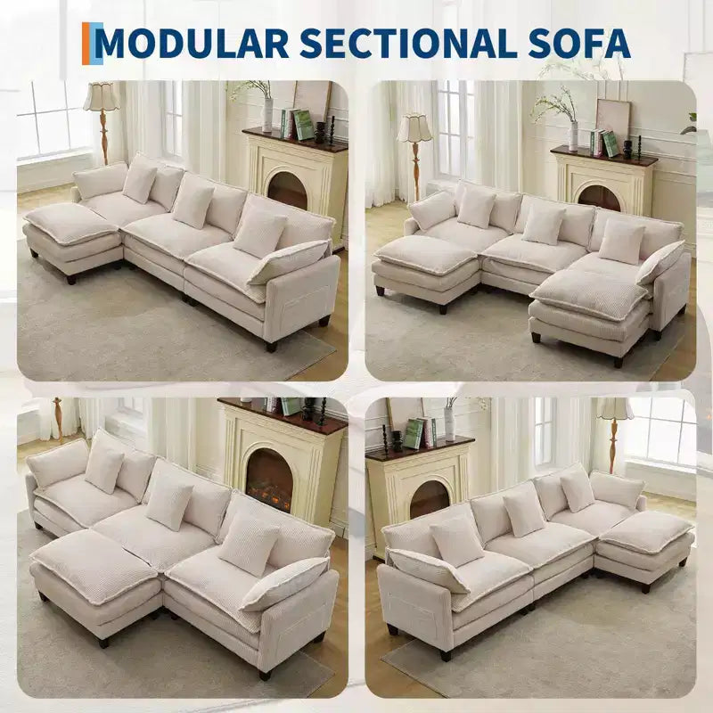 GustoWave 146 Fabric U-Shape 4 Seater Modular Sectional Couch, Oversized Cloud Sectional Sofa with Ottoman & Throw Pillows, Deep Seat