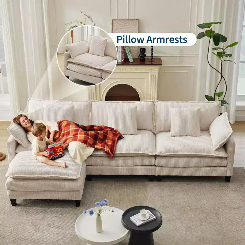 GustoWave 146 Fabric U-Shape 4 Seater Modular Sectional Couch, Oversized Cloud Sectional Sofa with Ottoman & Throw Pillows, Deep Seat