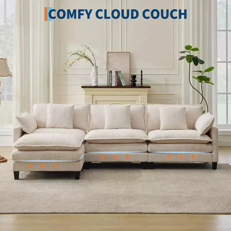 GustoWave 146 Fabric U-Shape 4 Seater Modular Sectional Couch, Oversized Cloud Sectional Sofa with Ottoman & Throw Pillows, Deep Seat