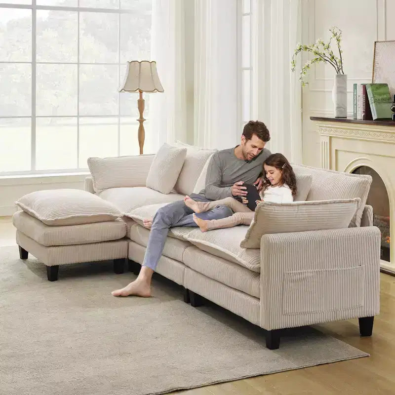 GustoWave 146 Fabric U-Shape 4 Seater Modular Sectional Couch, Oversized Cloud Sectional Sofa with Ottoman & Throw Pillows, Deep Seat