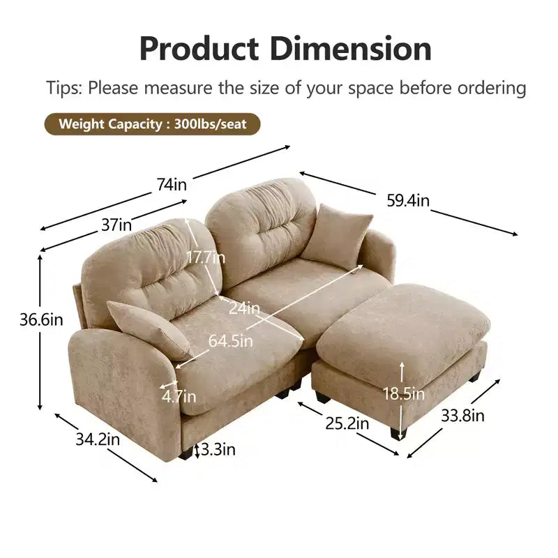 Cloud L-Shaped Sectional & Ottoman  Plush Chenille, Tufted High-Density Foam, Compact Corner Sofa for Living
