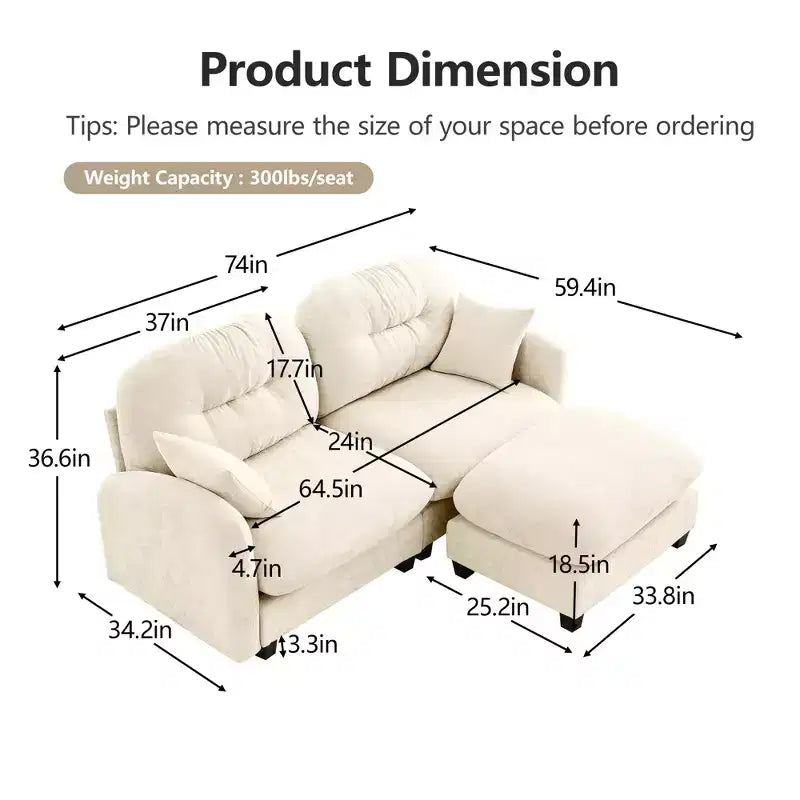 Cloud L-Shaped Sectional & Ottoman  Plush Chenille, Tufted High-Density Foam, Compact Corner Sofa for Living
