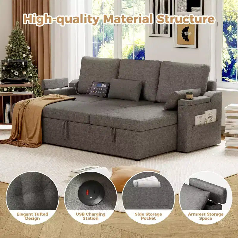 GustoWave Reversible Sectional Sofa Couch, 80 Sleeper Sofa Bed, L Shaped Couch with Pullout Bed for Living Room, Hidden Storage