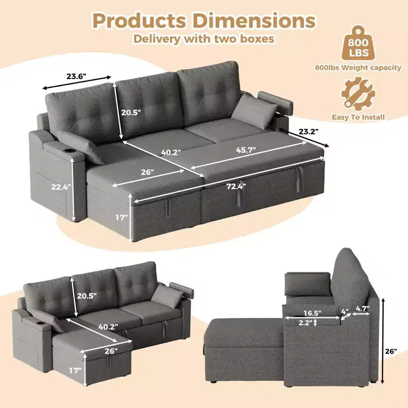 GustoWave Reversible Sectional Sofa Couch, 80 Sleeper Sofa Bed, L Shaped Couch with Pullout Bed for Living Room, Hidden Storage