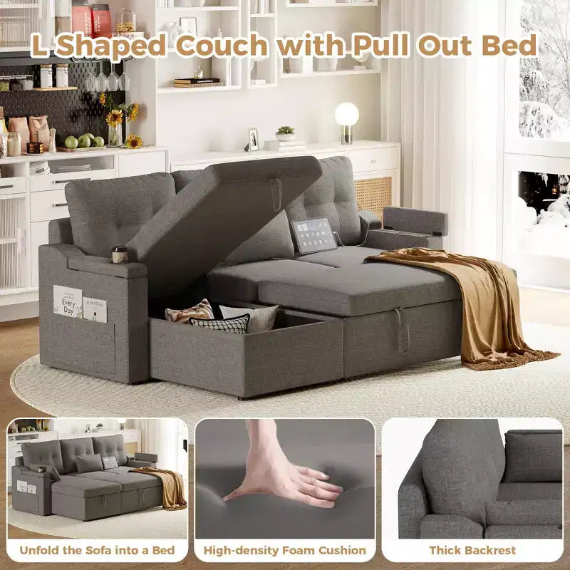 GustoWave Reversible Sectional Sofa Couch, 80 Sleeper Sofa Bed, L Shaped Couch with Pullout Bed for Living Room, Hidden Storage