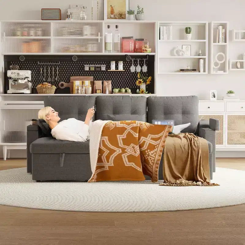 GustoWave Reversible Sectional Sofa Couch, 80 Sleeper Sofa Bed, L Shaped Couch with Pullout Bed for Living Room, Hidden Storage
