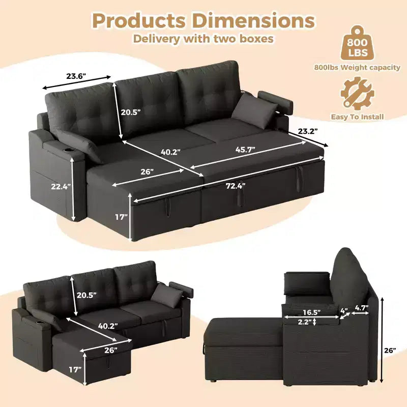 GustoWave Reversible Sectional Sofa Couch, 80 Sleeper Sofa Bed, L Shaped Couch with Pullout Bed for Living Room, Hidden Storage