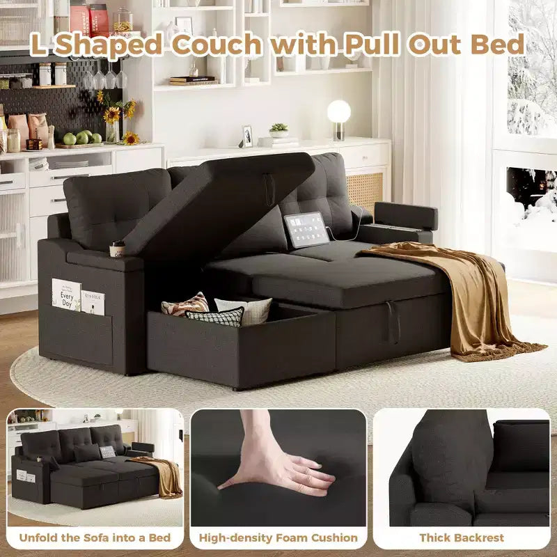 GustoWave Reversible Sectional Sofa Couch, 80 Sleeper Sofa Bed, L Shaped Couch with Pullout Bed for Living Room, Hidden Storage