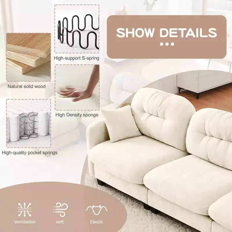 Cloud Modular 3-Seat Chenille Sectional  Tufted High-Density Foam, Ergonomic Arms, Solid-Wood Basfor Bedroom/Living Room