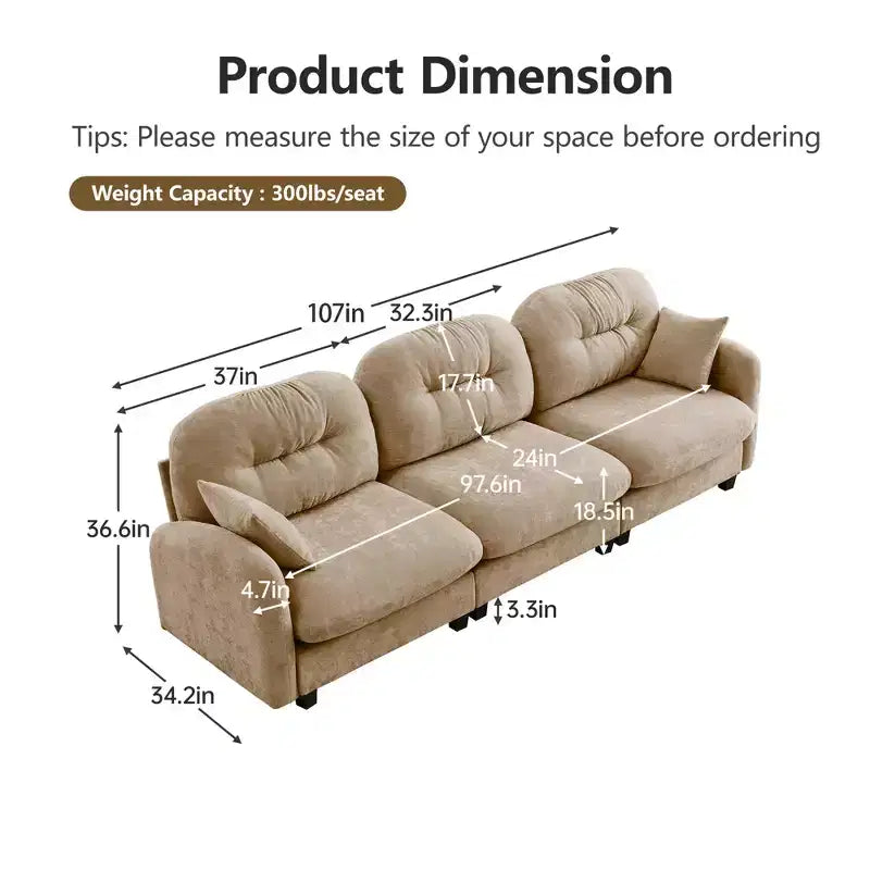 Cloud Modular 3-Seat Chenille Sectional  Tufted High-Density Foam, Ergonomic Arms, Solid-Wood Basfor Bedroom/Living Room