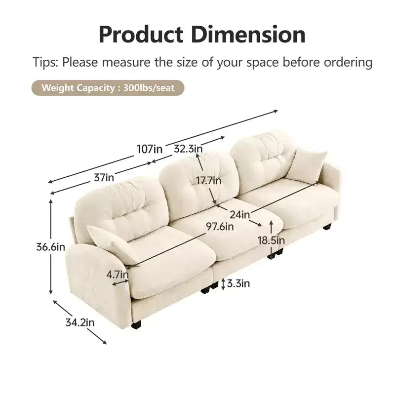 Cloud Modular 3-Seat Chenille Sectional  Tufted High-Density Foam, Ergonomic Arms, Solid-Wood Basfor Bedroom/Living Room