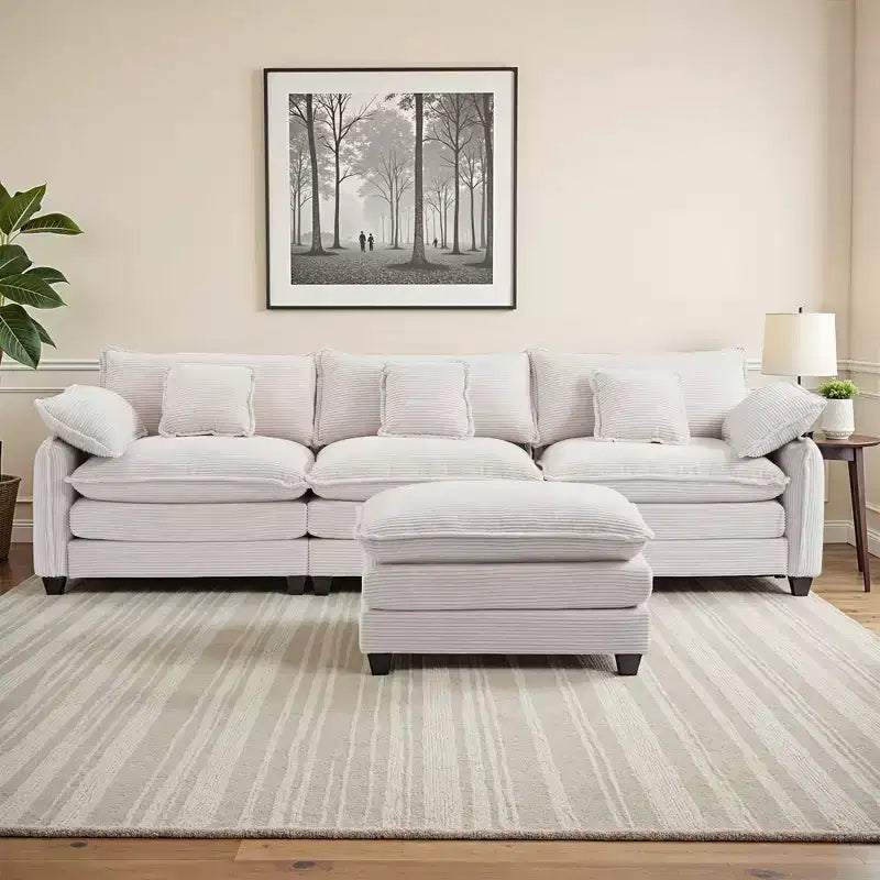 EHMKNP Corduroy 3-Seat Sectional Sofa - Modular with Ottoman