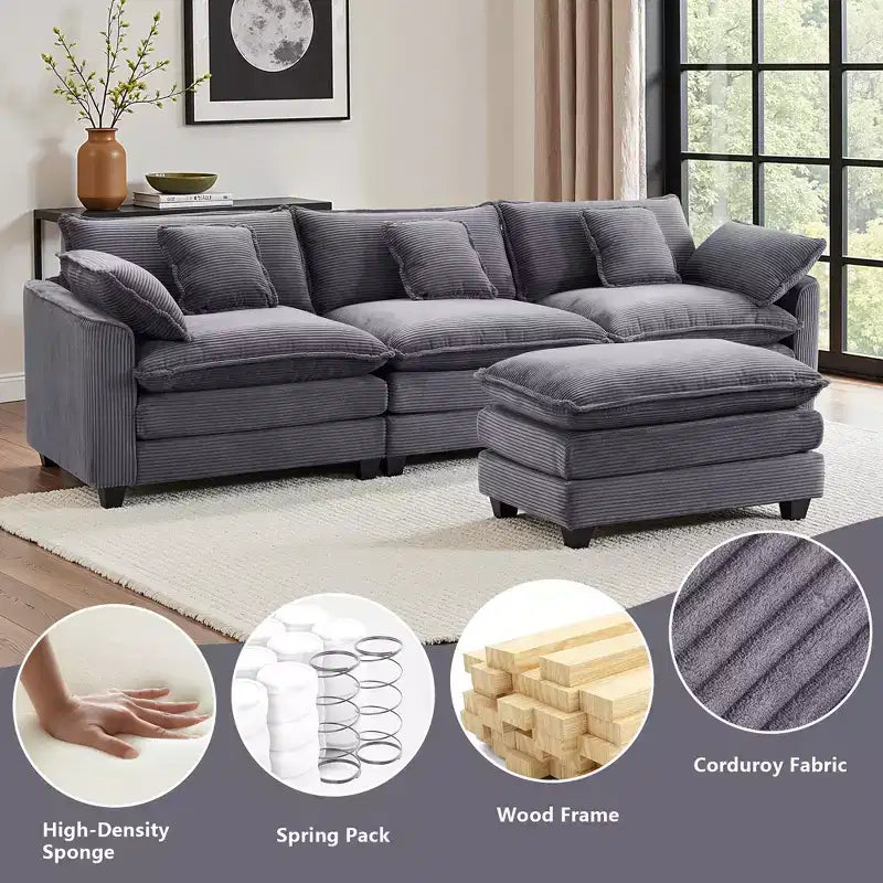 EHMKNP Corduroy 3-Seat Sectional Sofa - Modular with Ottoman