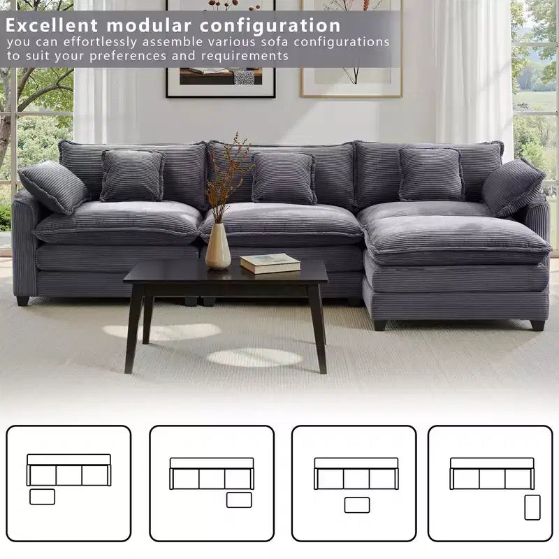 EHMKNP Corduroy 3-Seat Sectional Sofa - Modular with Ottoman