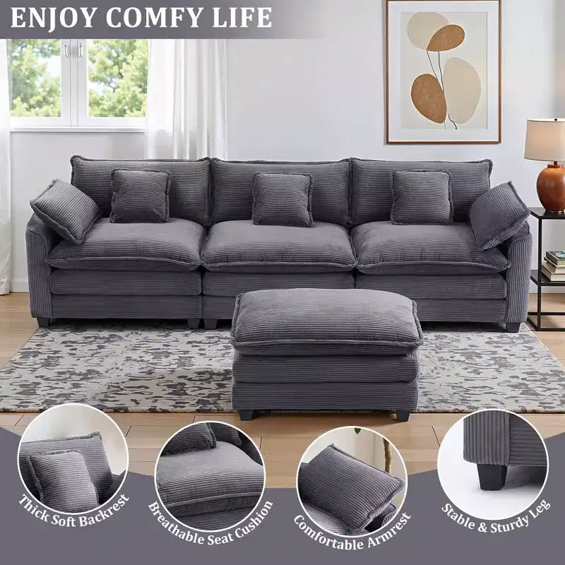EHMKNP Corduroy 3-Seat Sectional Sofa - Modular with Ottoman