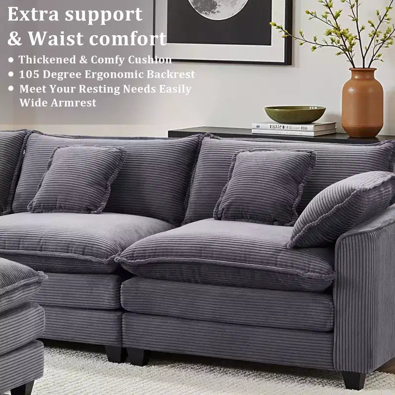 EHMKNP Corduroy 3-Seat Sectional Sofa - Modular with Ottoman