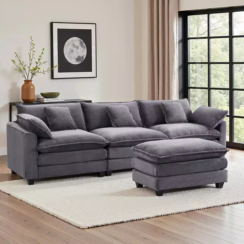 EHMKNP Corduroy 3-Seat Sectional Sofa - Modular with Ottoman