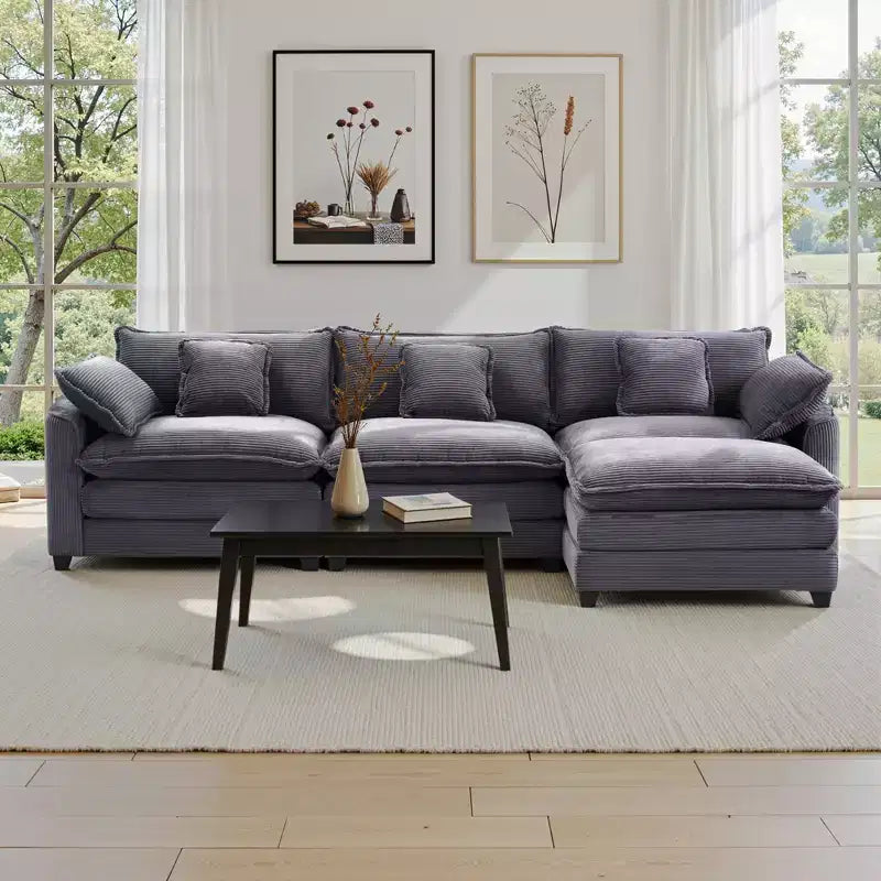 EHMKNP Corduroy 3-Seat Sectional Sofa - Modular with Ottoman