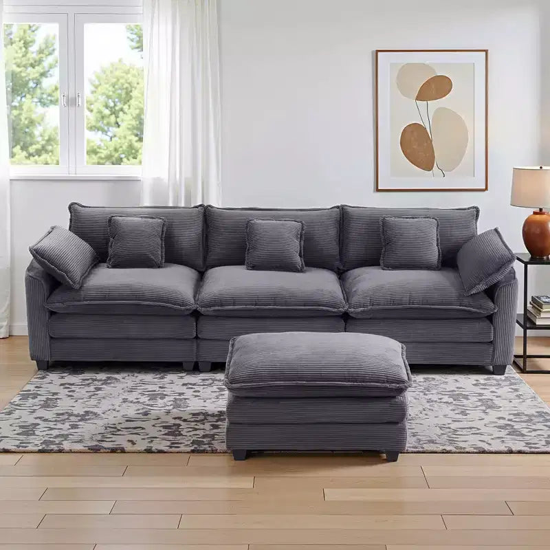 EHMKNP Corduroy 3-Seat Sectional Sofa - Modular with Ottoman