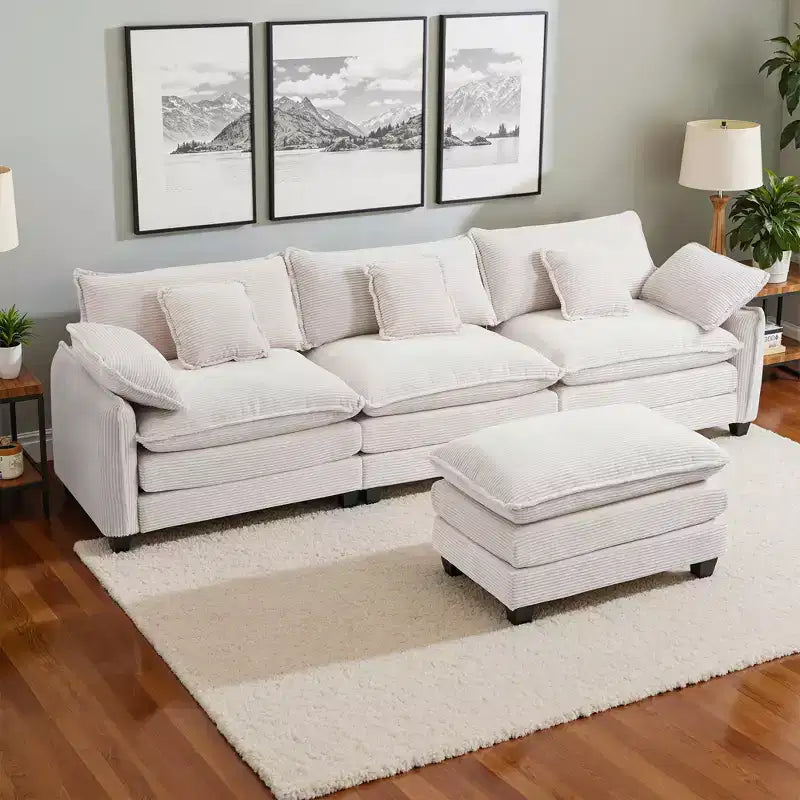 EHMKNP Corduroy 3-Seat Sectional Sofa - Modular with Ottoman