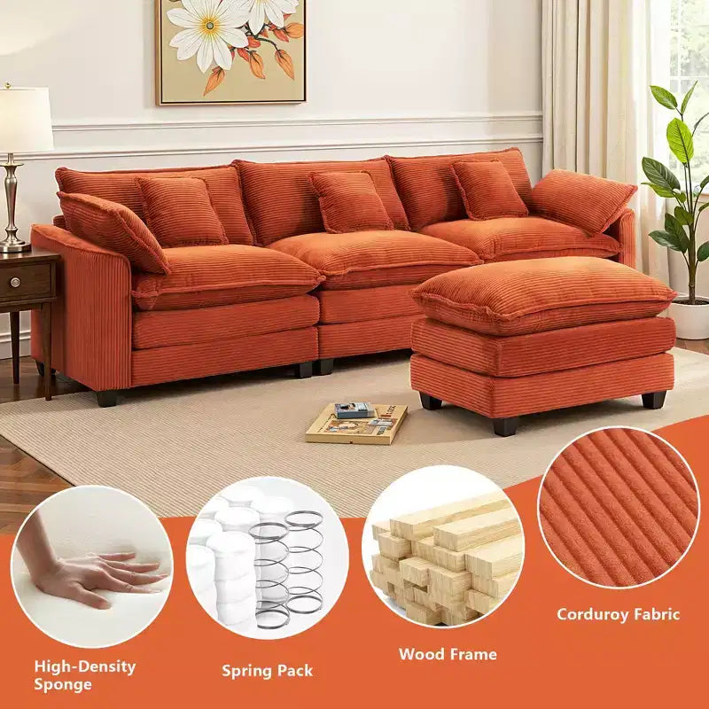EHMKNP Corduroy 3-Seat Sectional Sofa - Modular with Ottoman