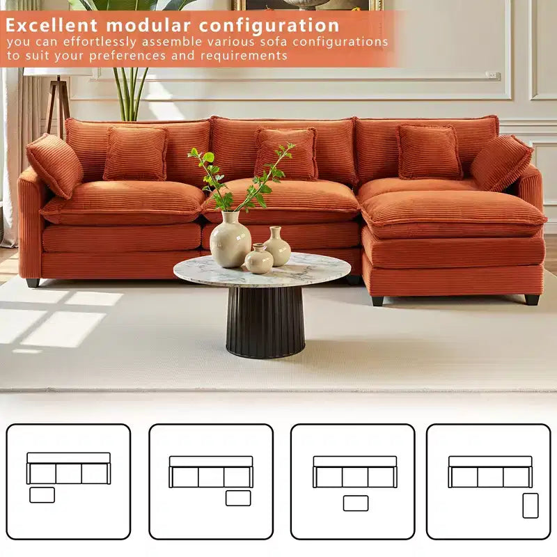 EHMKNP Corduroy 3-Seat Sectional Sofa - Modular with Ottoman