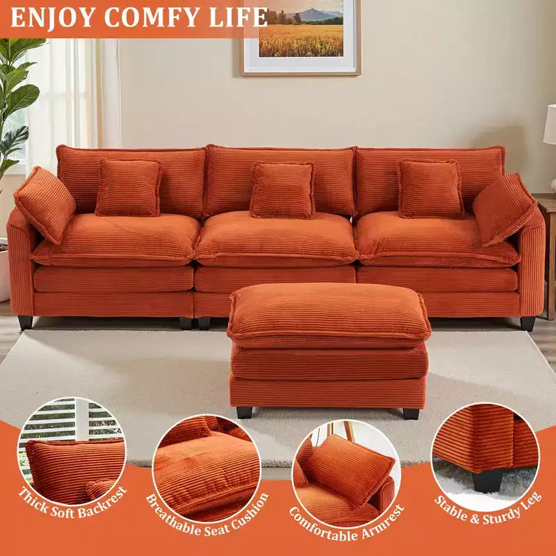 EHMKNP Corduroy 3-Seat Sectional Sofa - Modular with Ottoman