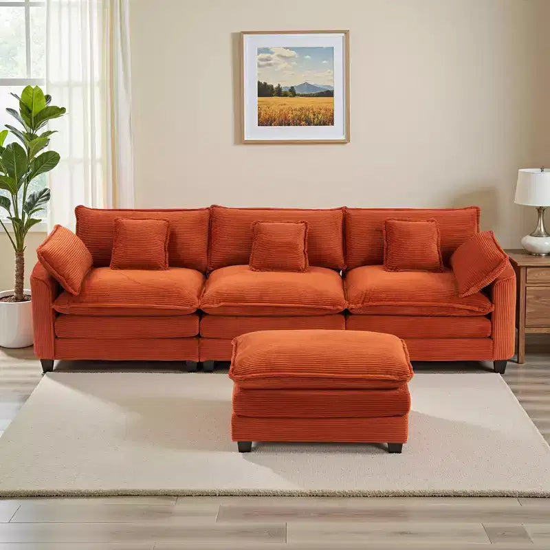 EHMKNP Corduroy 3-Seat Sectional Sofa - Modular with Ottoman