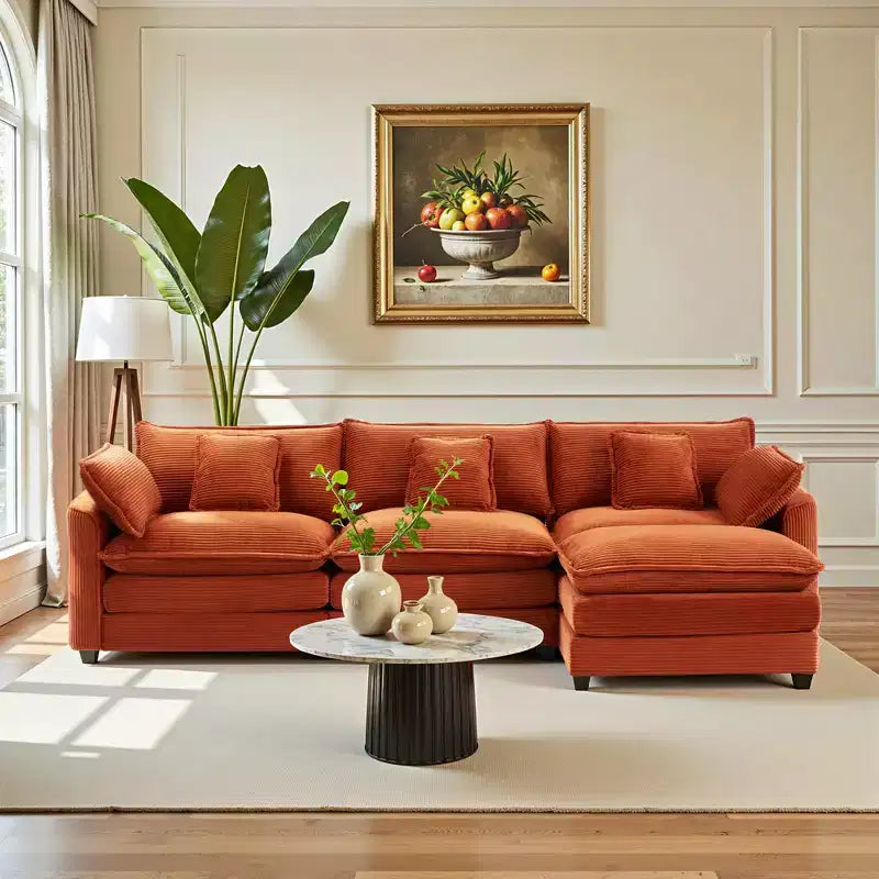 EHMKNP Corduroy 3-Seat Sectional Sofa - Modular with Ottoman