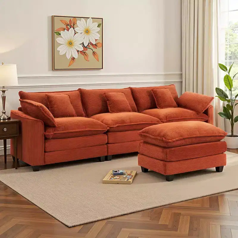 EHMKNP Corduroy 3-Seat Sectional Sofa - Modular with Ottoman