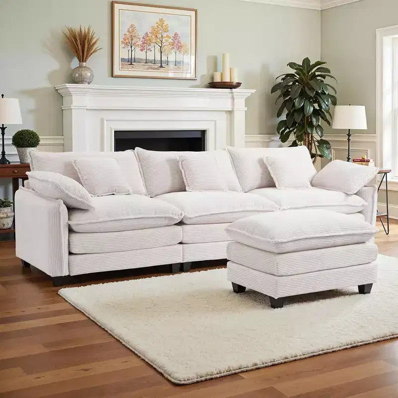 EHMKNP Corduroy 3-Seat Sectional Sofa - Modular with Ottoman