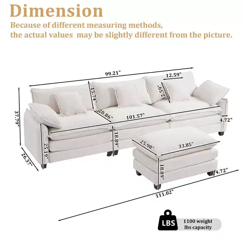 EHMKNP Corduroy 3-Seat Sectional Sofa - Modular with Ottoman
