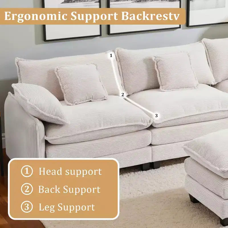 EHMKNP Corduroy 3-Seat Sectional Sofa - Modular with Ottoman