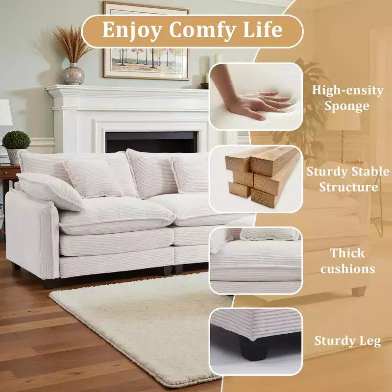 EHMKNP Corduroy 3-Seat Sectional Sofa - Modular with Ottoman