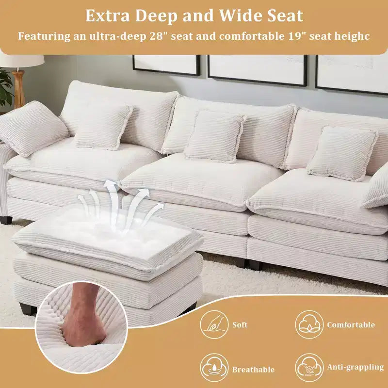 EHMKNP Corduroy 3-Seat Sectional Sofa - Modular with Ottoman