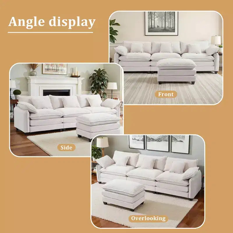 EHMKNP Corduroy 3-Seat Sectional Sofa - Modular with Ottoman