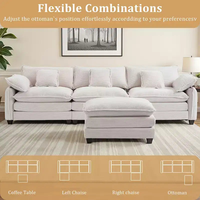 EHMKNP Corduroy 3-Seat Sectional Sofa - Modular with Ottoman