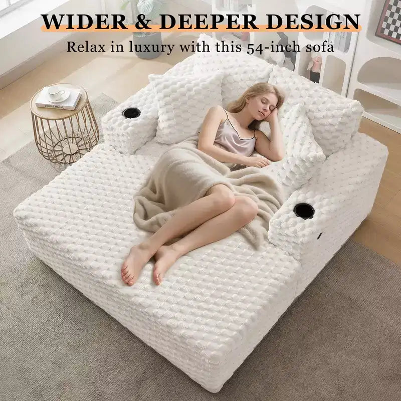 Indoor Chaise Lounge Chair, Upholstered Cozy Reading Chair with Pillows, Comfy Large Modern Sleeper Chair Couch Sofa Bed for Living Room Bedroom