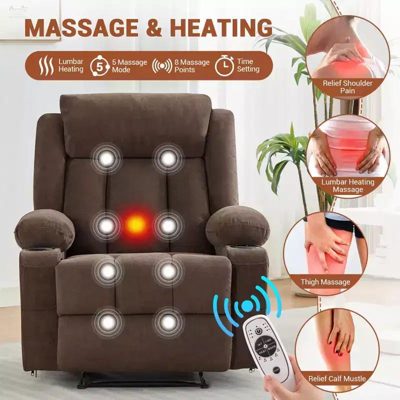 Recliner Chair, Manual Reclining Sofa with Massage and Heat, Comfy Overstuffed Rocking Chair with Side Pockets, Front Pockets and Cup Holde