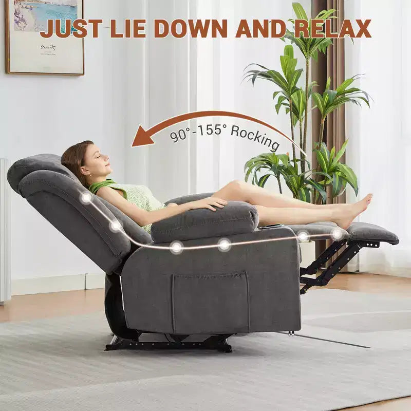 Recliner Chair, Manual Reclining Sofa with Massage and Heat, Comfy Overstuffed Rocking Chair with Side Pockets, Front Pockets and Cup Holde