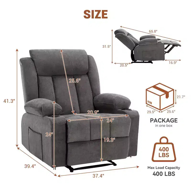 Recliner Chair, Manual Reclining Sofa with Massage and Heat, Comfy Overstuffed Rocking Chair with Side Pockets, Front Pockets and Cup Holde