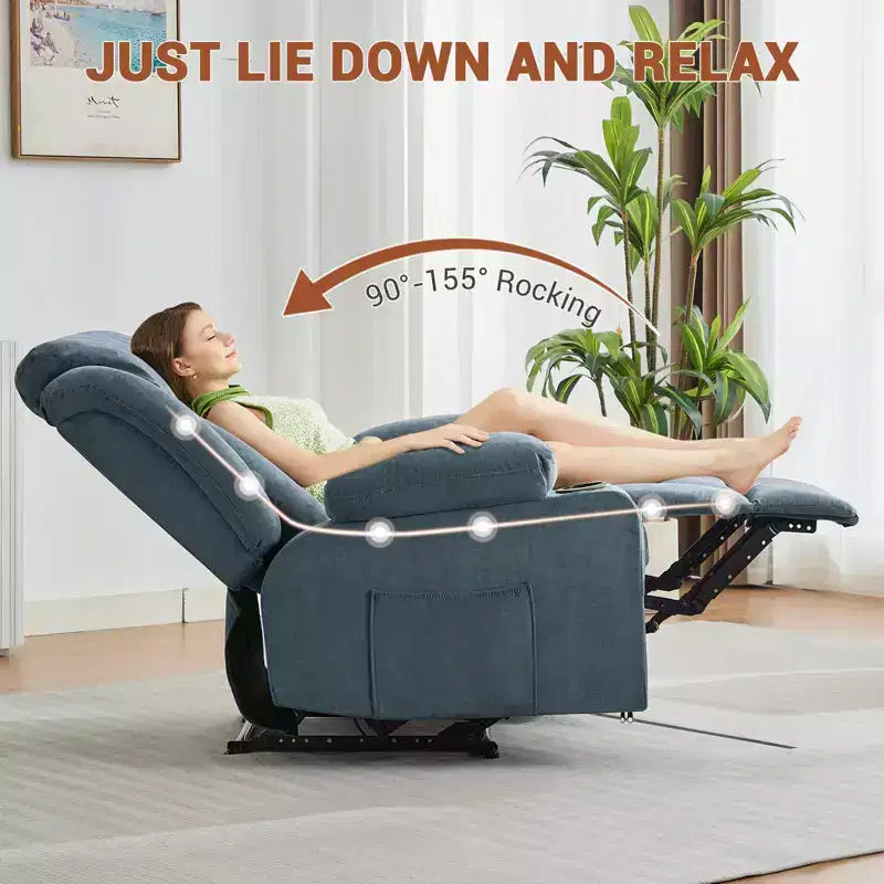 Recliner Chair, Manual Reclining Sofa with Massage and Heat, Comfy Overstuffed Rocking Chair with Side Pockets, Front Pockets and Cup Holde