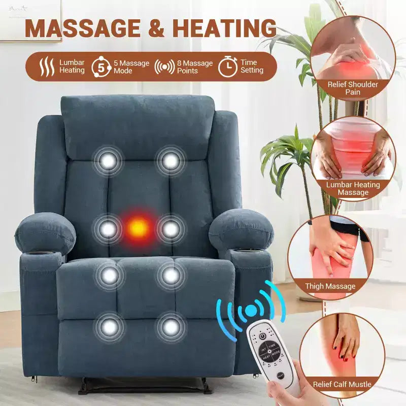 Recliner Chair, Manual Reclining Sofa with Massage and Heat, Comfy Overstuffed Rocking Chair with Side Pockets, Front Pockets and Cup Holde