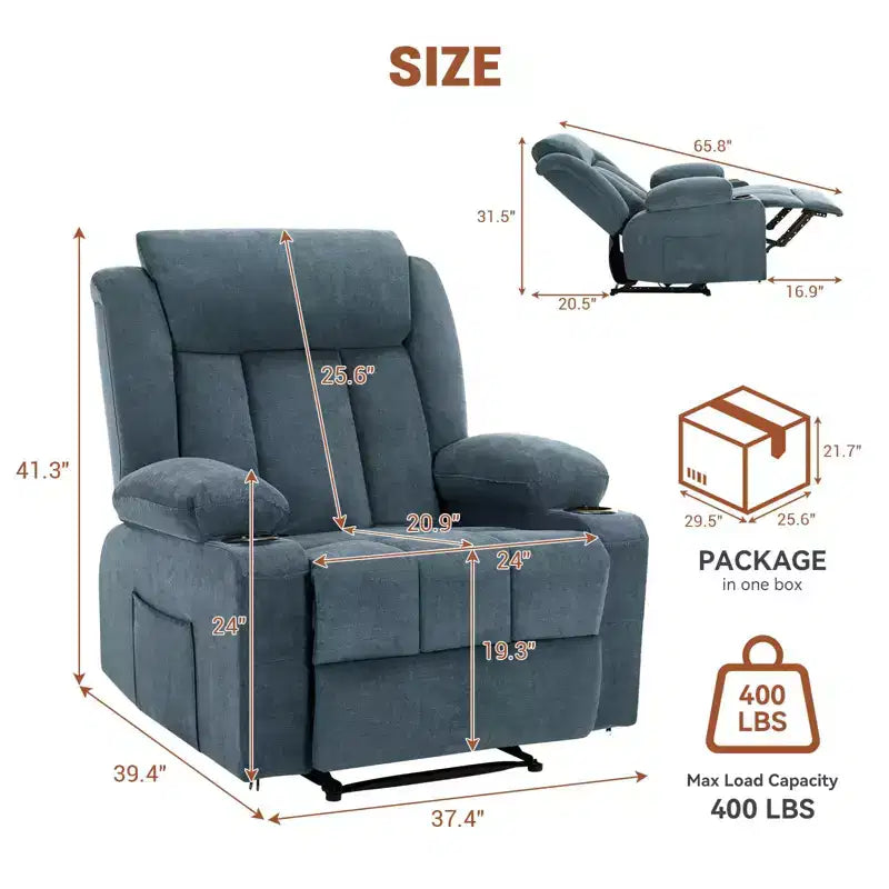 Recliner Chair, Manual Reclining Sofa with Massage and Heat, Comfy Overstuffed Rocking Chair with Side Pockets, Front Pockets and Cup Holde